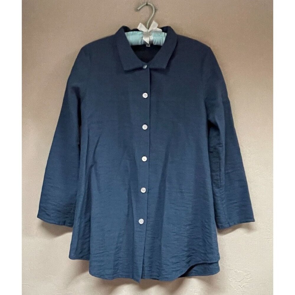 Christopher Calvin Womens Blue Textured Button Down Shirt Top Small Long Sleeve